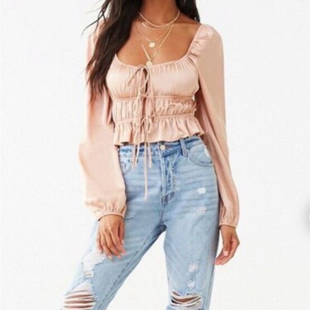 Forever 21 Shirred Satin Cottagecore Feminine Romantic Long Sleeve Top Small